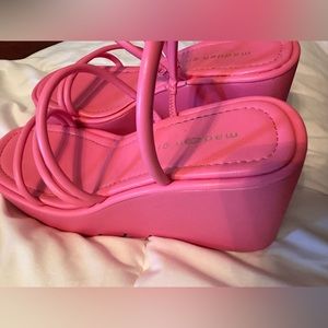 Hot pink strappy wedge pumps sandals